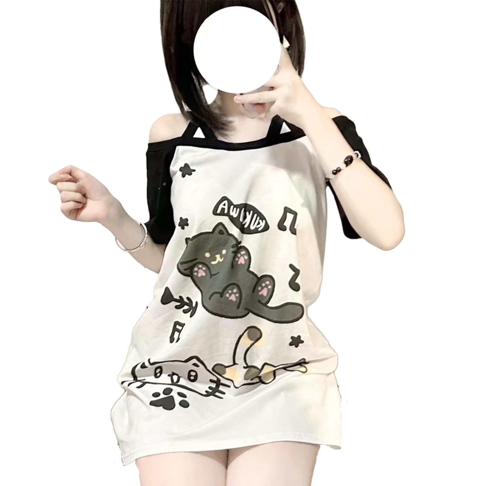 Kawaii Shirts Cartoon Graphic Tees Off Shoulder Cutecore Shirts Gothic Tops: Black Large