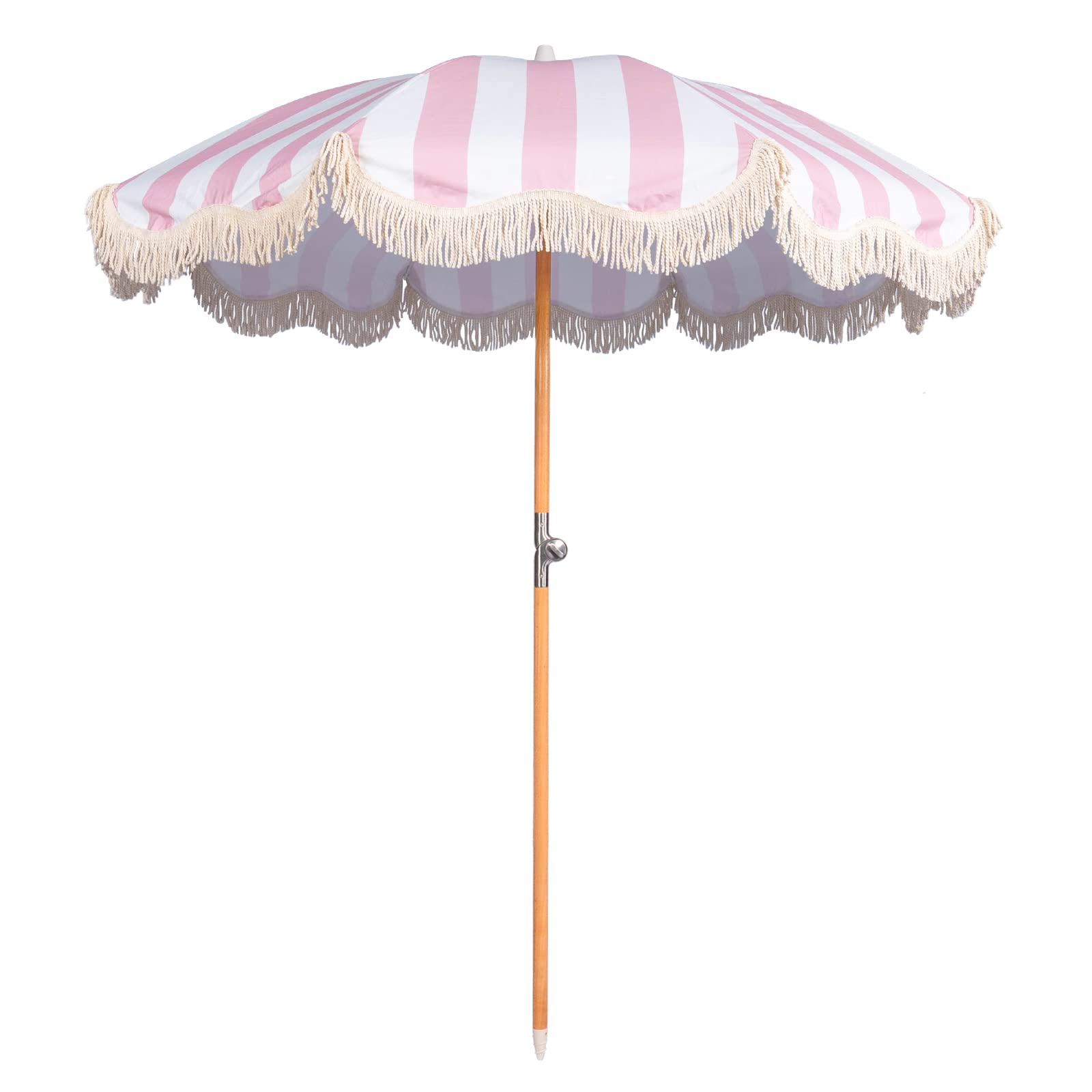Funsite 6.5ft Boho Beach Umbrella with Fringe, UPF 50+ Tassel Umbrellas with Carry Bag, Premium Wood Pole Foldable Patio Umbrella for Outdoor Holiday Garden Lawn Pool Yard Table