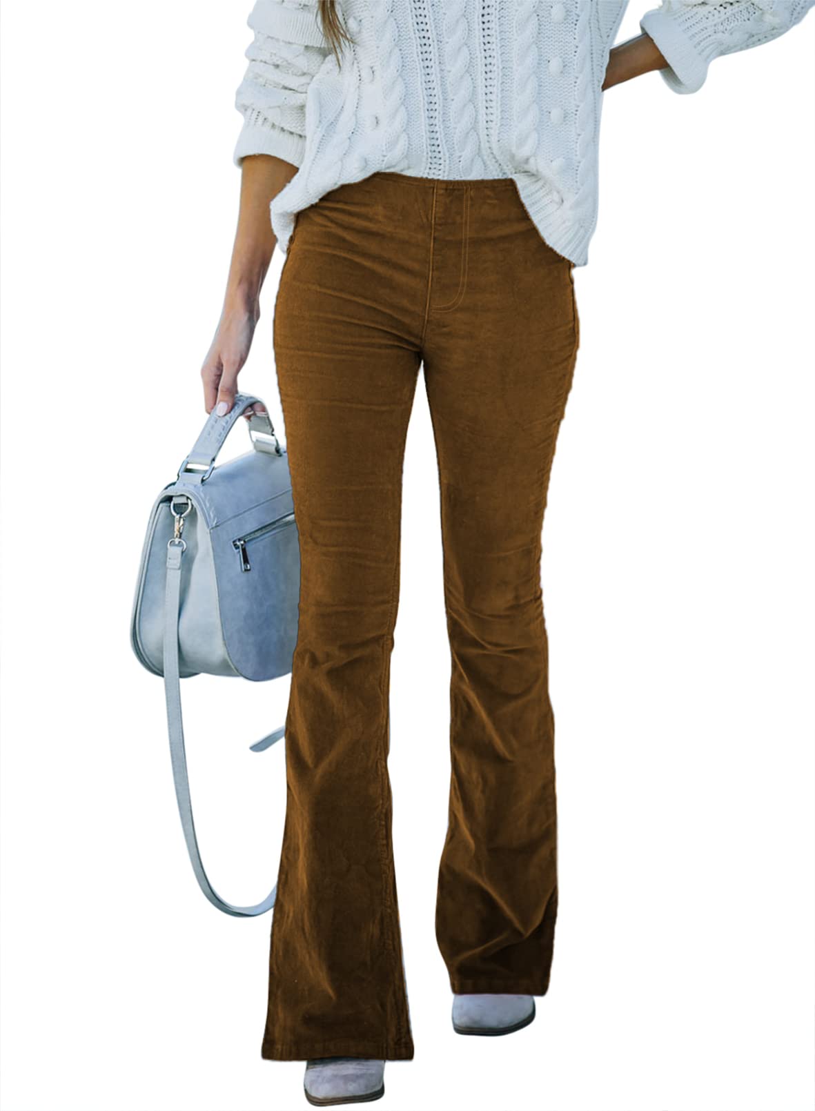 Sidefeel Women's Corduroy Flare Pants Elastic Waist Bell Bottom Trousers 2024 Women Fashions