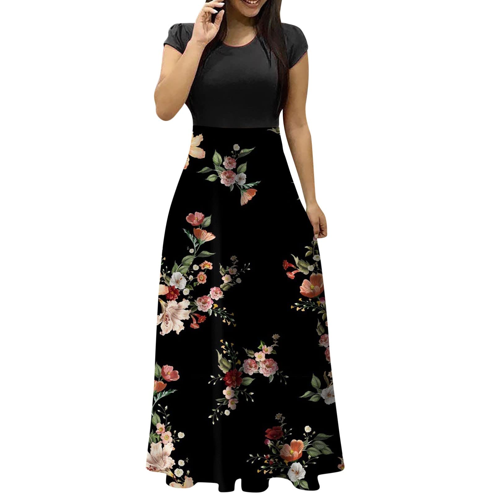 ADHOWBEW Womens Short Sleeve Empire Waist Floral Maxi Dress 2023 Summer Fashion Casual Plus Size Sundresses: X-Large E-black