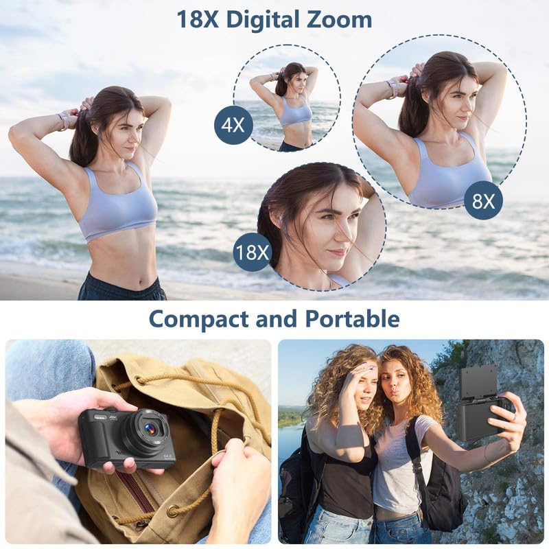 Digital Camera for Photography, 4K Vlogging Camera for YouTube 3" 180° Flip Screen 18X Digital Zoom Compact Retro Cameras with 32GB TF Card & 2 Batteries,: Black