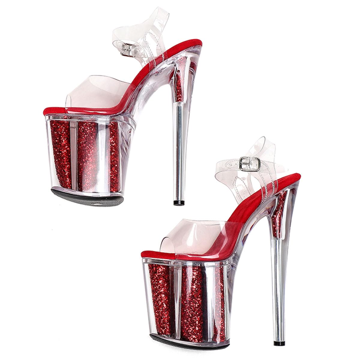 WUXIN H&P Women's Clear Platform Exotic Pole Dance Ankle-Strap Sandal 8 Inch Fashion Model Round Toe Sexy Stiletto Custom Dress shoes High Heel: 7 Red