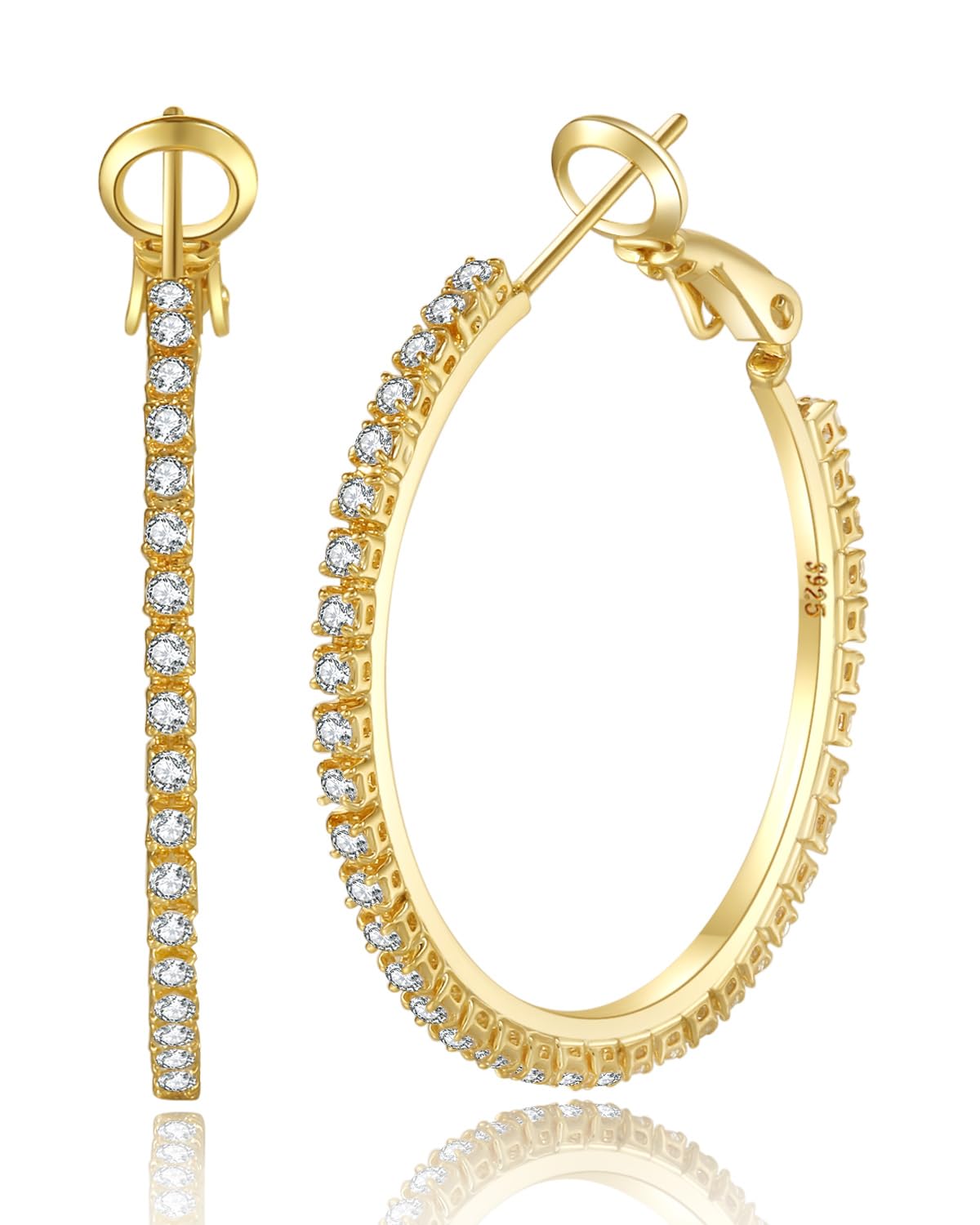 PABBEU 2mm 925 Sterling Silver Earrings Big Sterling Silver Hoop Earrings for Women Large Rhinestone Hoop Earrings Thin Hypoallergenic Cubic Zirconia Earrings for Women 30/40/50/60/70mm: 30mm Gold