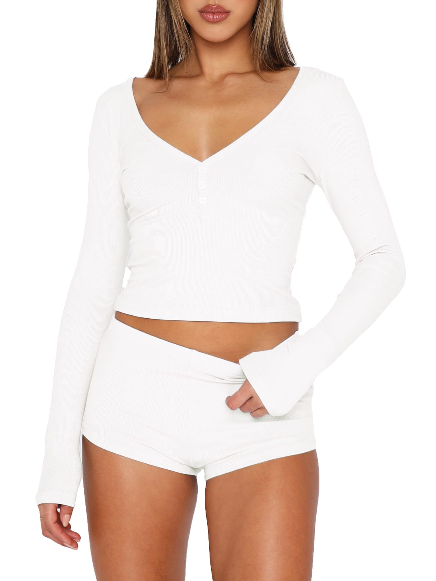 ForeFair Women 2 Piece Ribbed Knit Pajama Set Button Long Sleeve Tops and Shorts Lounge Sweatsuits Y2k Sleepwear PJ Set: X-Small White