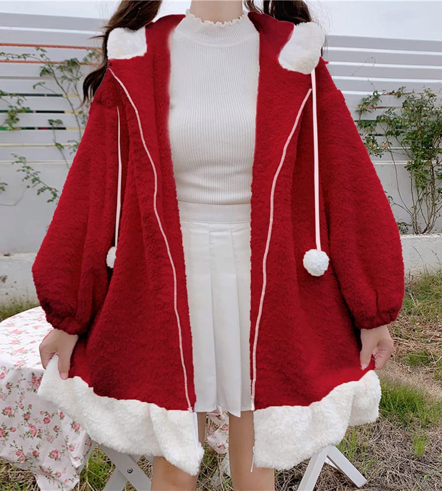 BZB Kawaii Anime Bunny Ear Hoodies For Women Sweet Lovely Fuzzy Fluffy Rabbit Sweater Tops Cosplay Jacket Coats