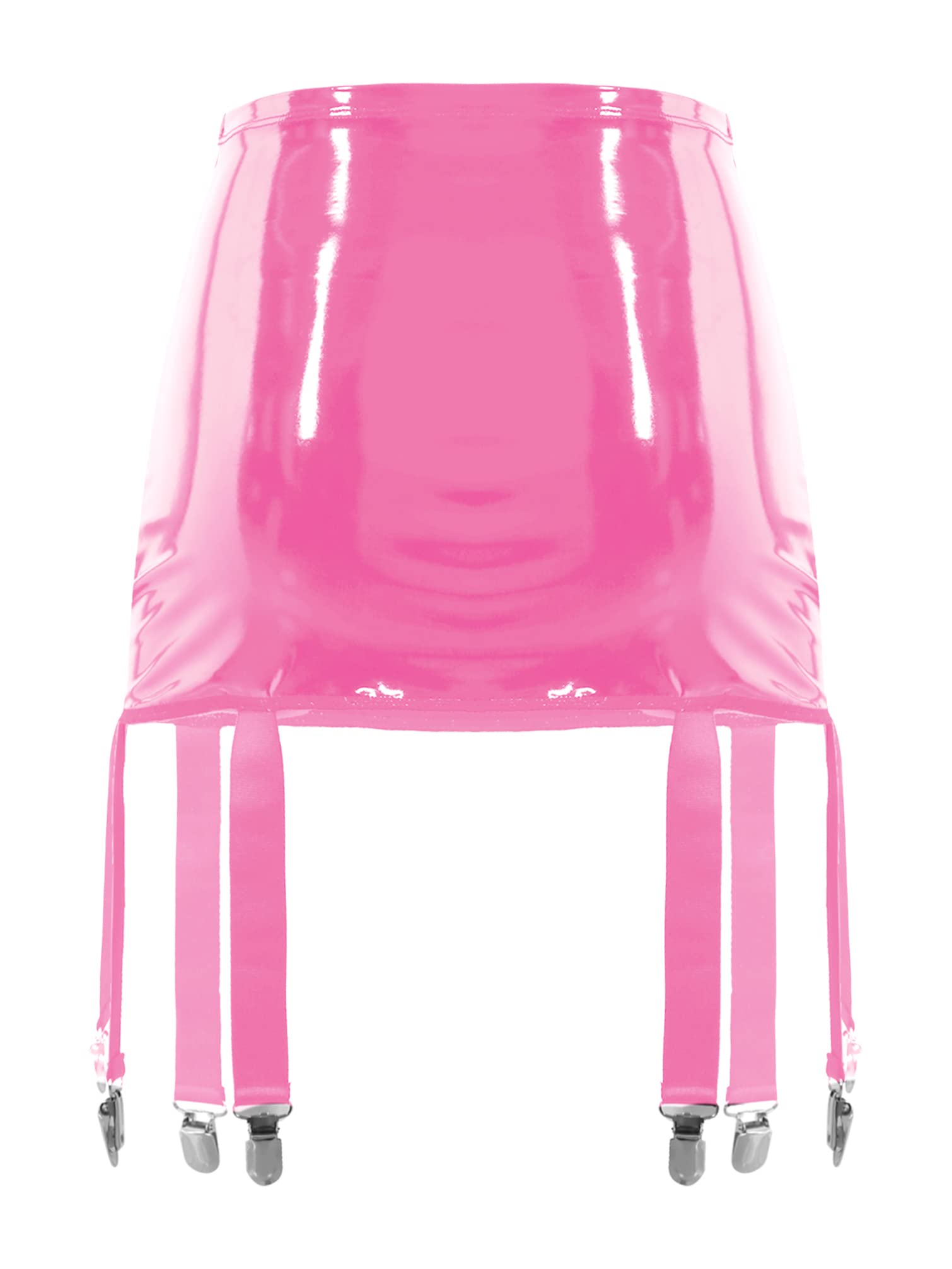 Vxuxlje Women's Patent Leather Skirts High Waist Suspenders Skirts with Six Metal Buckle Clips: Pink Medium