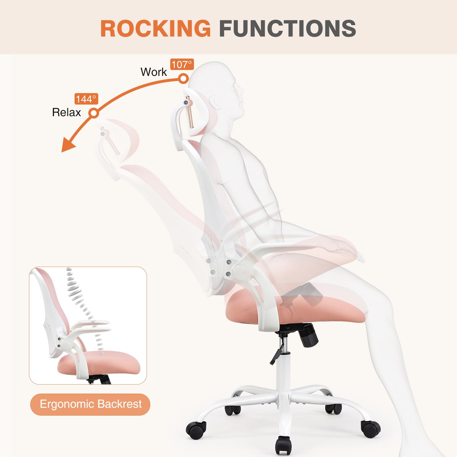 Sweetcrispy Home Office Computer Desk Chair, Ergonomic High-Back Mesh Rolling Work Chairs with Wheels and Adjustable Headrests, Comfortable Lumbar Support, Comfy Flip-up Arms for Bedroom,Study, Pink