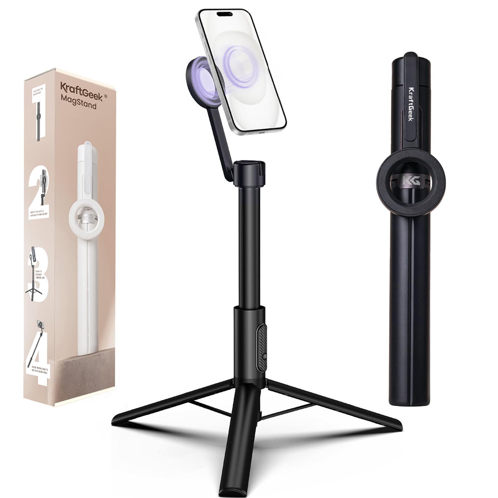 KraftGeek Magnetic Tripod for iPhone, 64” Selfie Stick for iPhone Magsafe, Phone Tripod Stand with Remote for Cell Phone Video Recording Travel: 64 Inches-Black