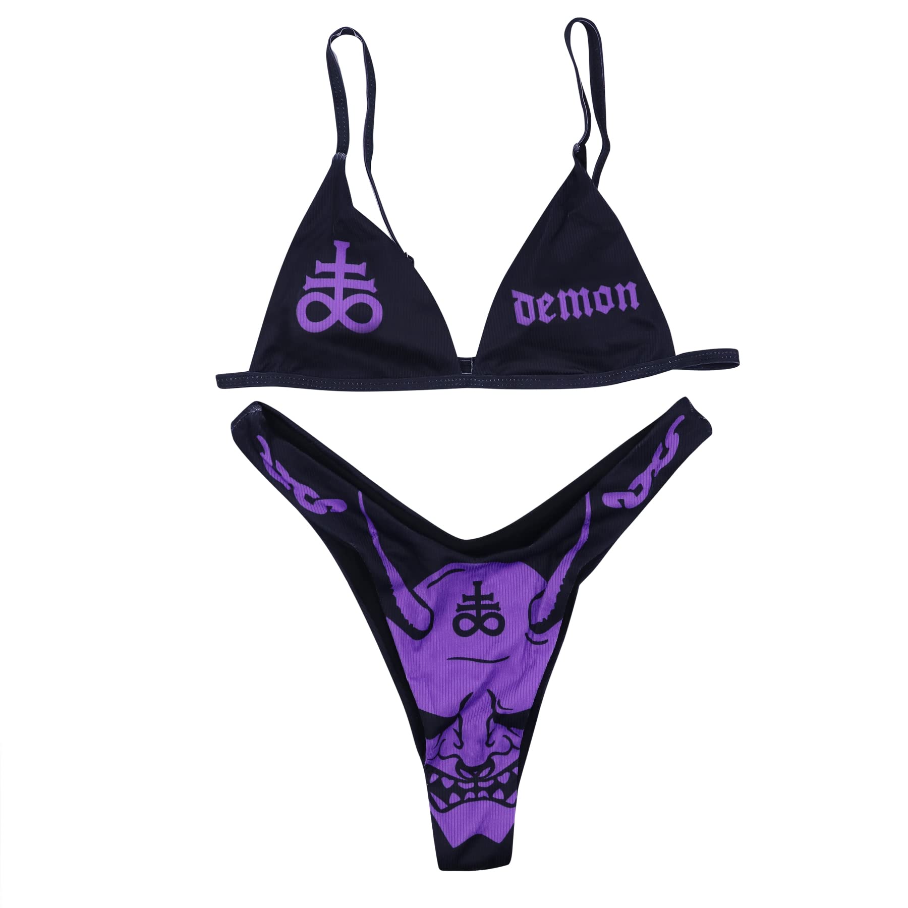 AIBEARTY Women's Skull Letter Printed Two Piece Swimsuit High Cut Triangle Bikini Set for Party Festival Halloween: Small Black&amp;purple