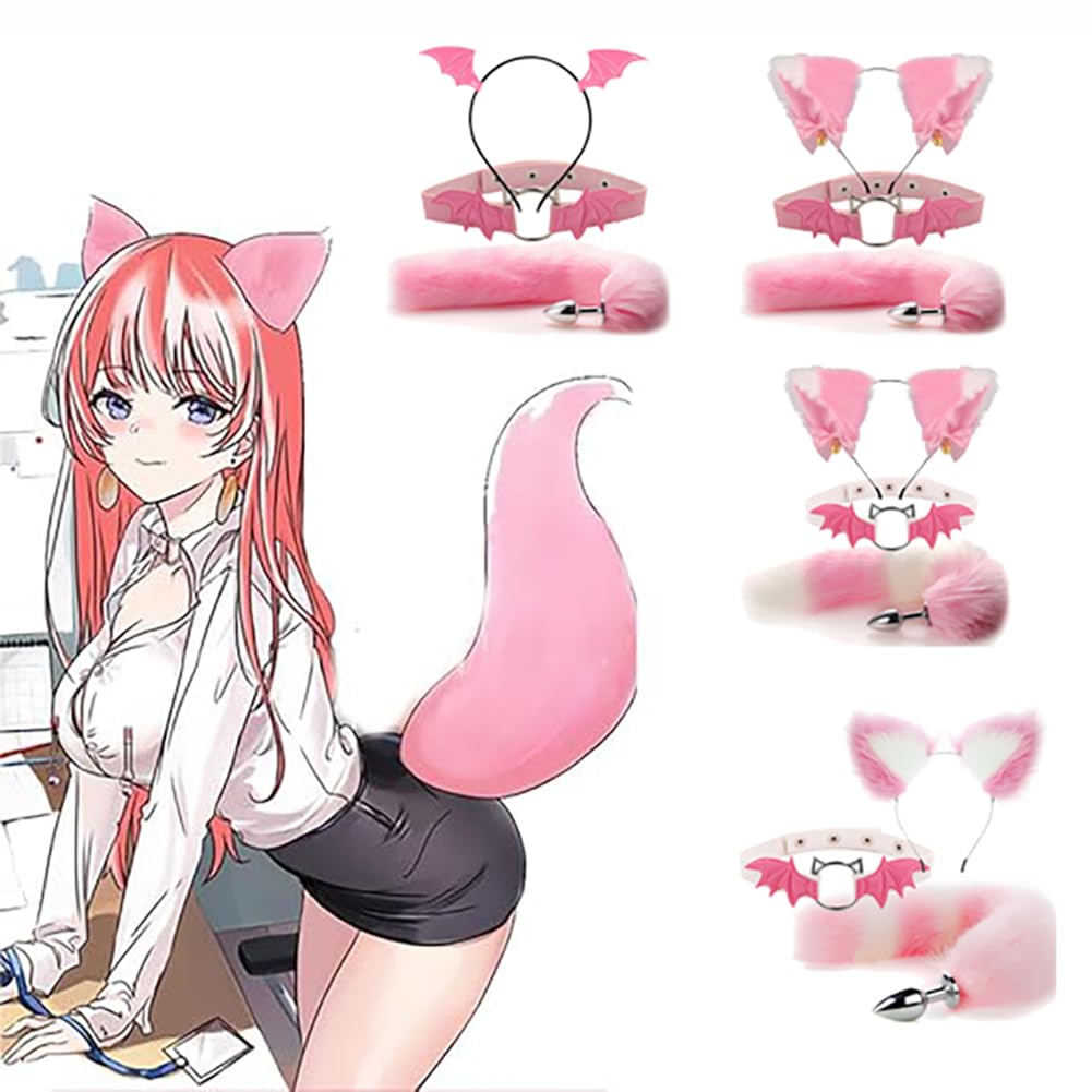 TJCGCKK Animal Cosplay Costume Furry Fox Tail Plug Cute Ears Headband Bat Style Neck Collar Set: Pink C