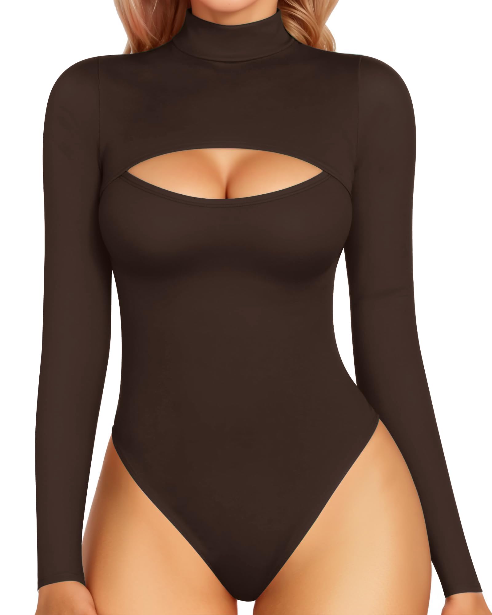 MANGOPOP Women's Mock Neck Cutout Front Bodysuit Long Sleeve Sleeveless Turtle Neck Body Suits Sexy Tops: Long Sleeve Medium Coffee Long Sleeve