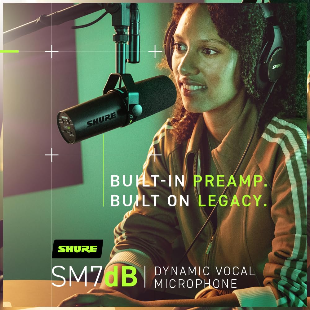 Shure  Microphone - Vocal Dynamic Studio Mic for Broadcast, Podcast, Recording, Gaming & Streaming, XLR, Rugged Construction, Detachable Windscreen, Smooth Sound, Warm Vocals, Wide-Range Frequency: SM7dB (Built-In Preamp)