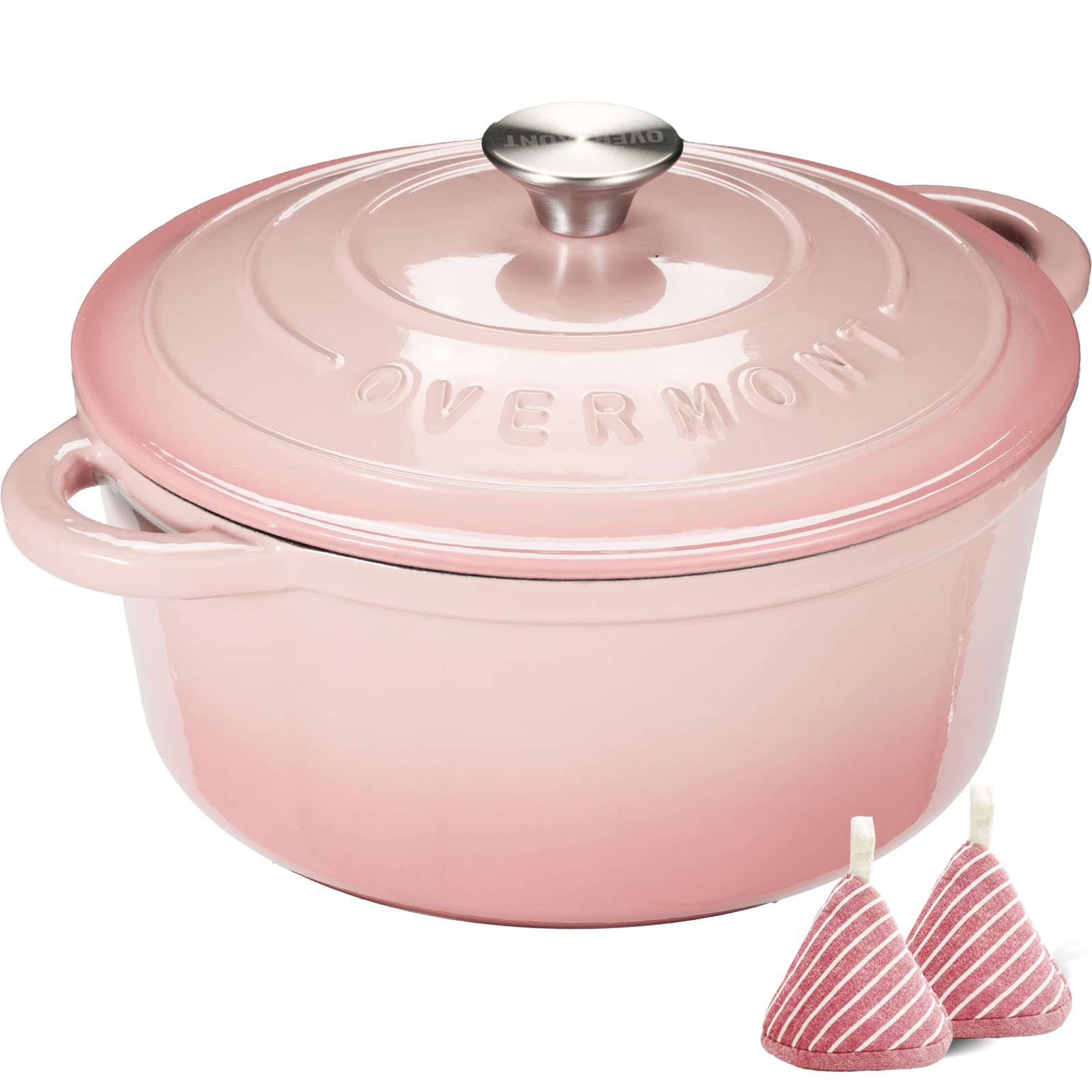 Overmont Enameled Cast Iron Dutch Oven - 7QT Pot with Lid Cookbook & Cotton Potholders - Heavy-Duty Cookware for Braising, Stews, Roasting, Bread Baking pink