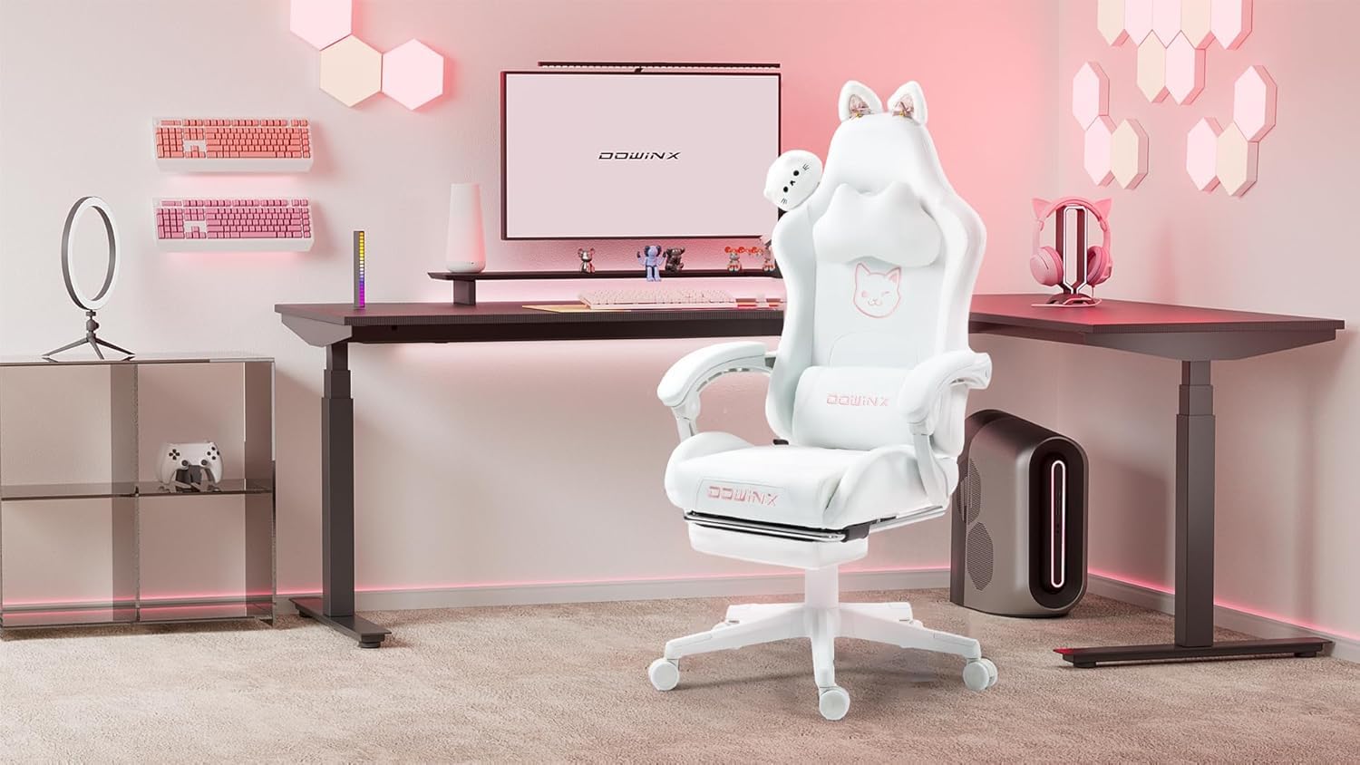Dowinx Gaming Chair Cute with Cat Ears and Massage Lumbar Support, Ergonomic Computer Chair for Girl with Footrest and Headrest, Comfortable Reclining Game Chair 290lbs for Adult, Teen, White: White