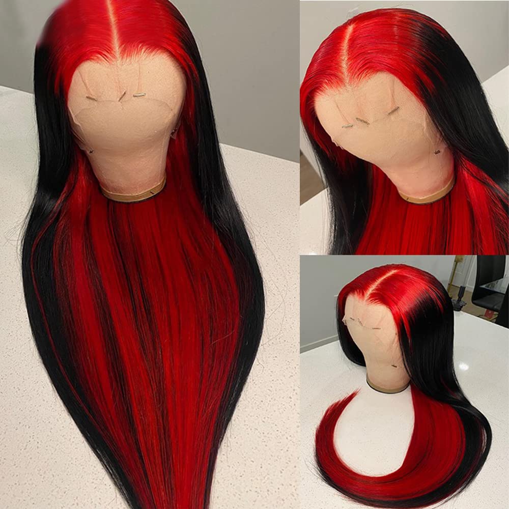 Highlight Ombre Lace Front Wig Human Hair Pre Plucked 13x4 HD Transparent Red/Natural Color Lace Frontal Wigs with Baby Hair 180% Density Colored Straight Lace Front Wig Human Hair for Black Women 20