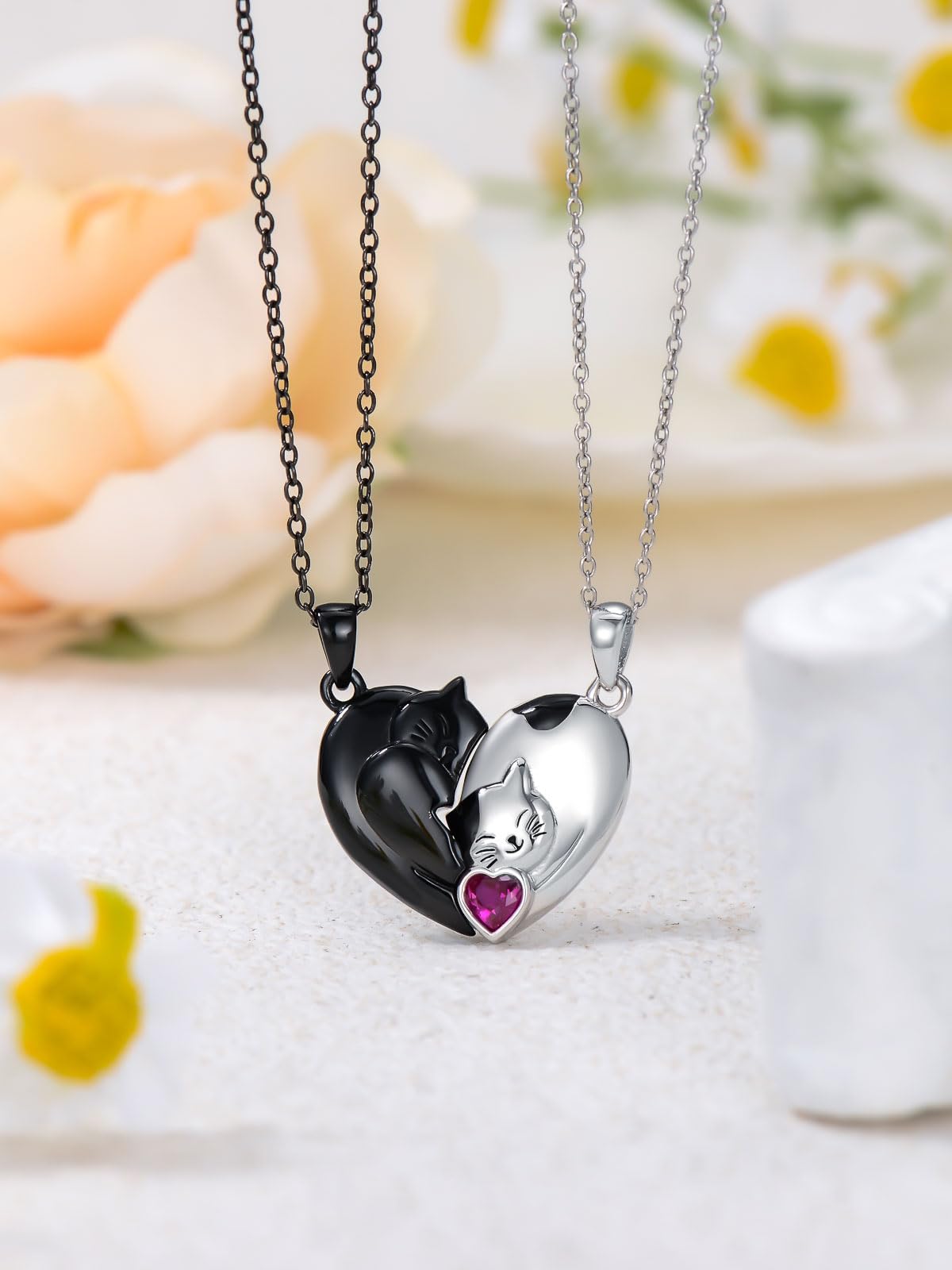 Flpruy Matching Cat & Love Arrow Sterling Silver Cute Couples Heart Necklaces - Gifts for Couples