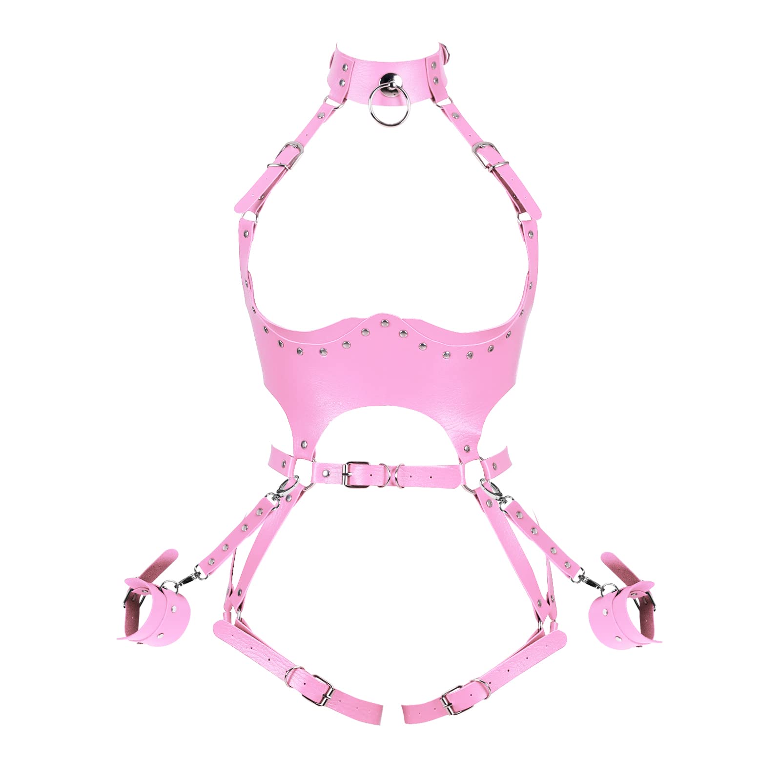 Waist Garter belt Punk Full body harness for women Photography Dance Rock Halloween Leather cage Chest strap set: Pink