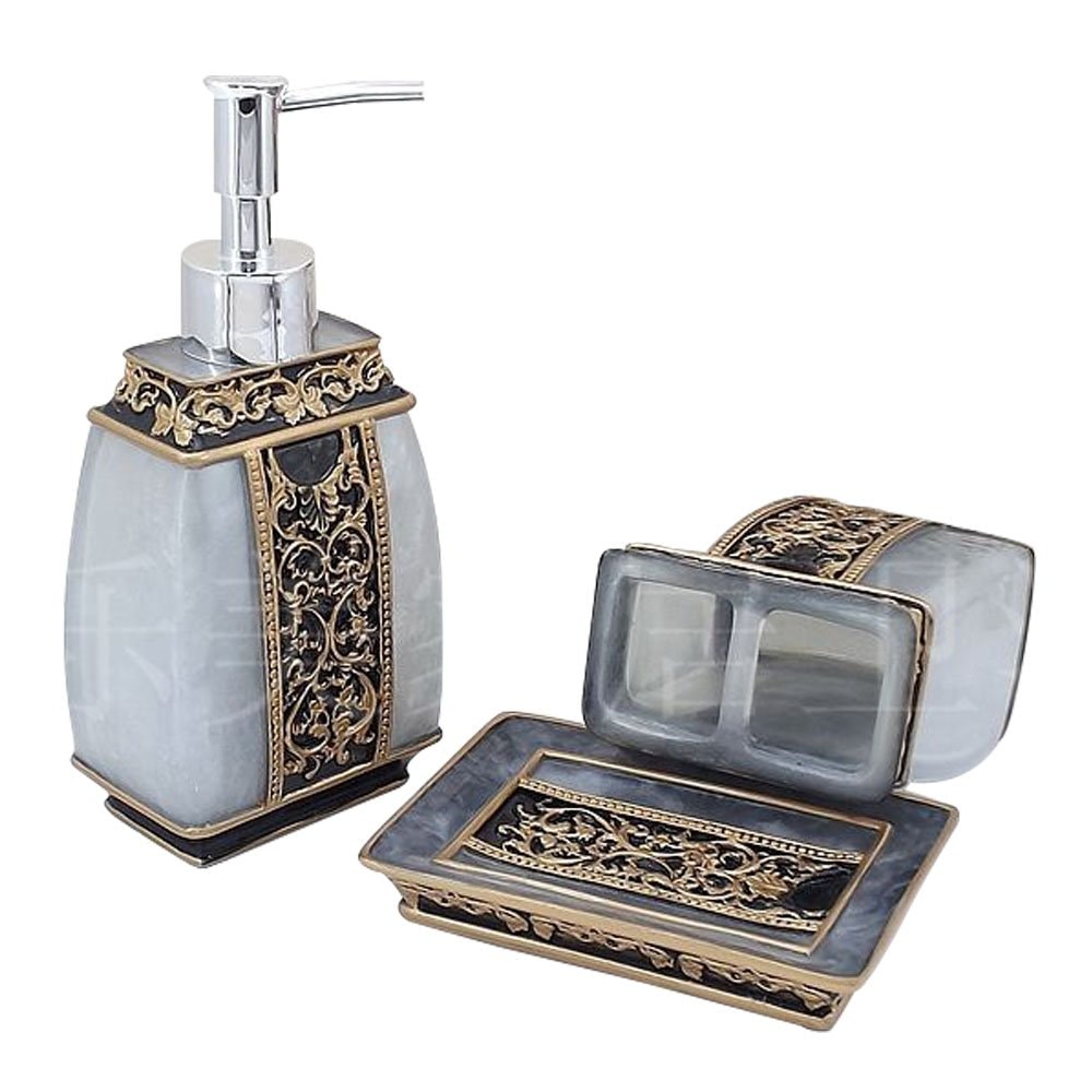 LUANT Creative Bath Ensemble, 5 Piece Bathroom Accessories Set, Collection Bath Set Features Soap Dispenser, Toothbrush Holder, Tumbler, & Soap Dish- Silver: Grey