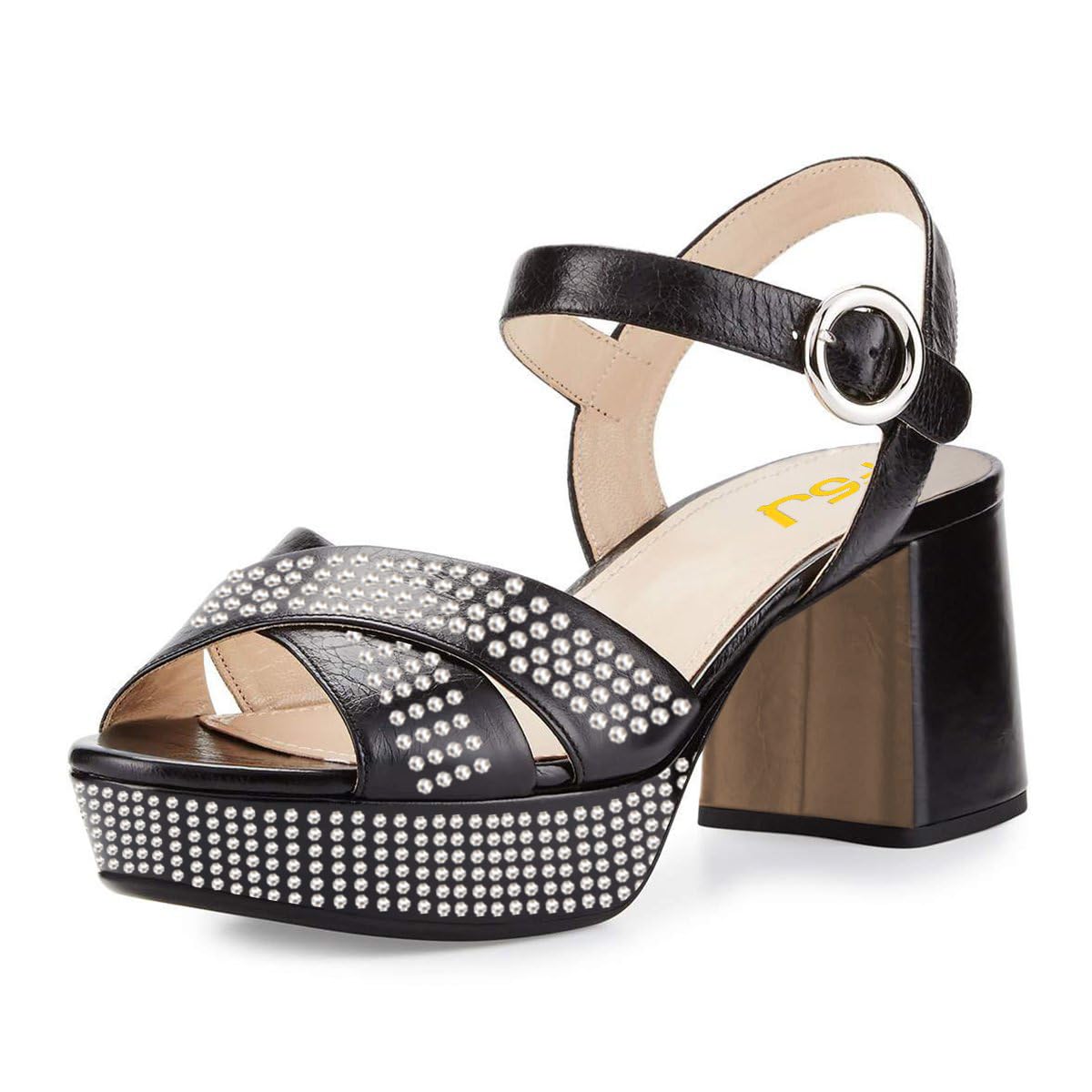FSJ Women Peep Toe Chunky High Heels Platform Sandals Ankle Strap Velvet & Suede Summer Dress Wedding Prom Shoes Size 4-15 US: 7 Black Leather Rhinestones