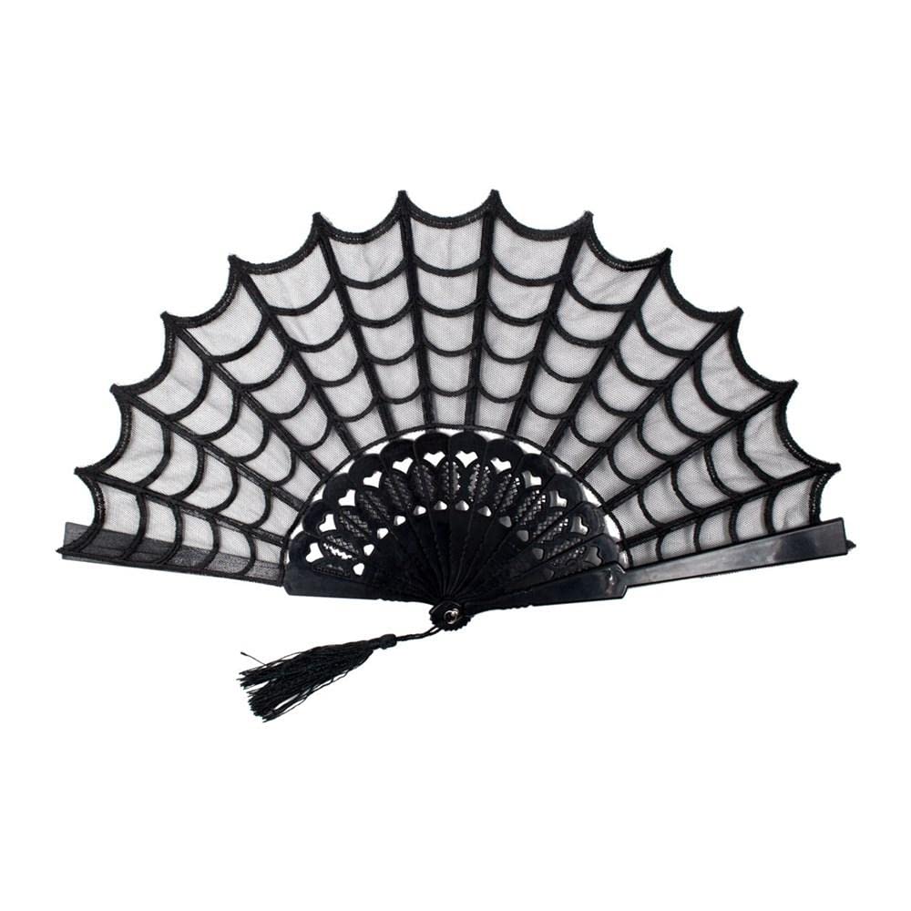 kreepsville 666 Spiderweb Lace Gothic Fabric Hand Fan with Tassel, One Size, Black - Image 1