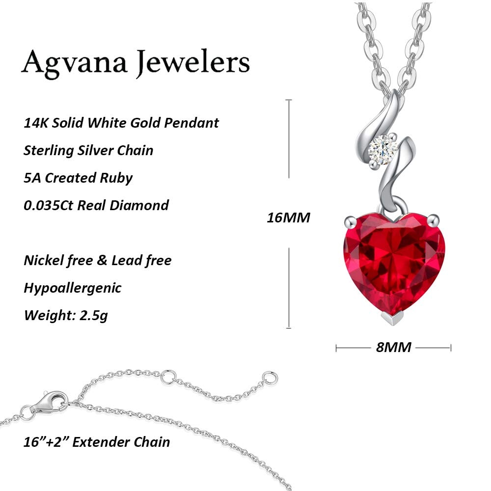 AGVANA 14K Solid White Gold Diamond Gemstone Pendant with Sterling Silver Chain 8mm Heart Birthstone Necklace Fine Jewelry Anniversary Birthday Gifts for Women Mom Wife: Ruby