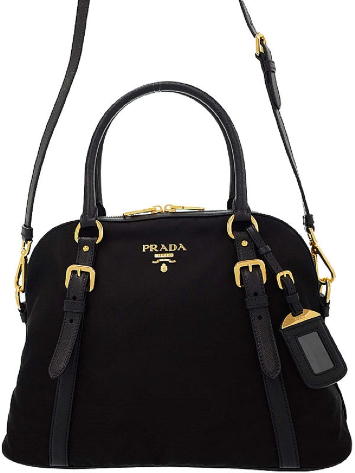 Prada Womens Tessuto Nylon Saffiano Leather Black Handbag 1BB013: Prada Womens Tessuto Nylon Saffiano Leather Black Handbag 1BB013