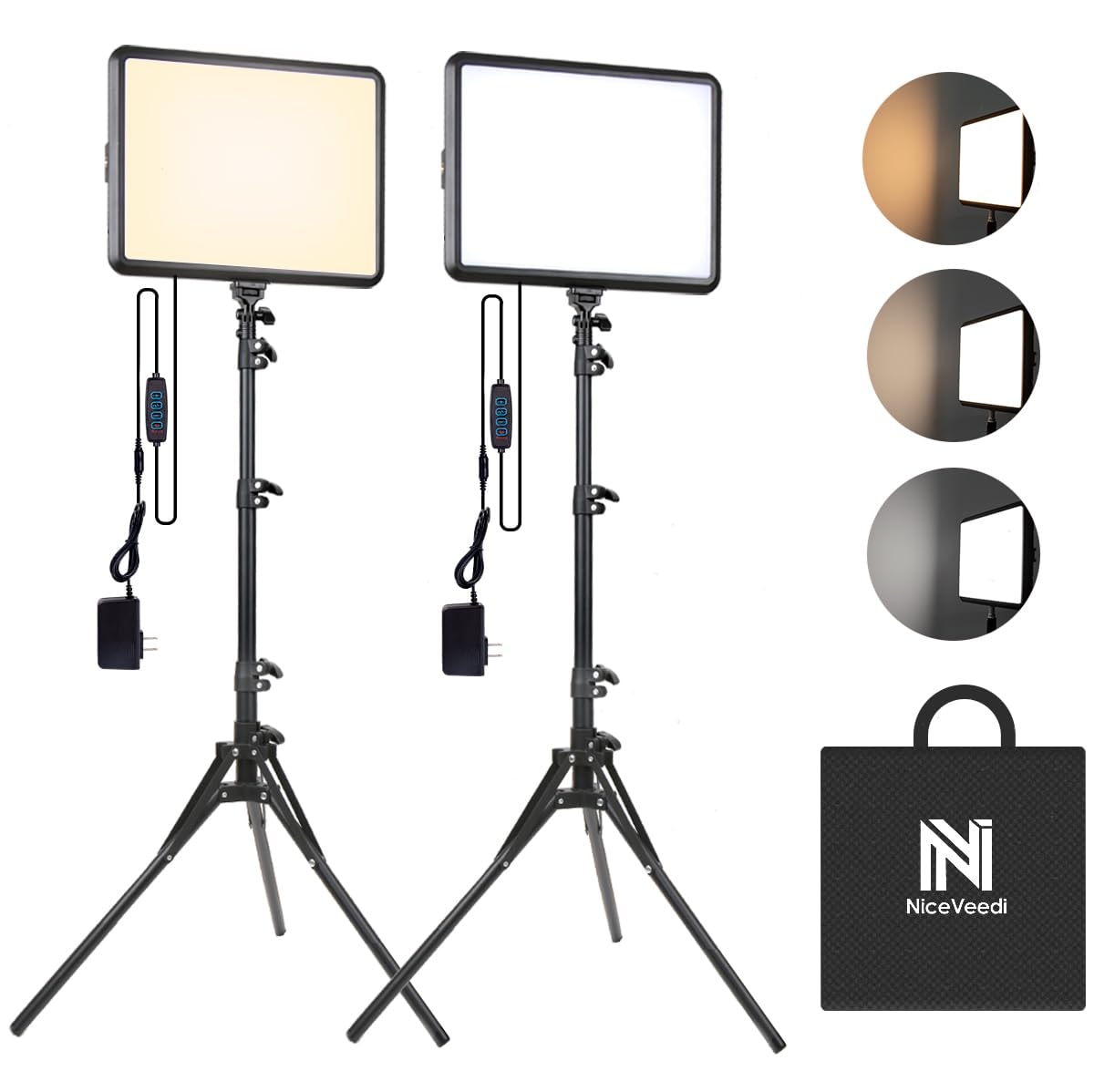 2-Pack Photography Lighting Kit, NiceVeedi 22W LED Video Light Kit, 2900-7000K Dimmable Studio Light with Tripod Stand, 73" Stream Light for Video Recording: 22W-2 Packs(AC Adapters)