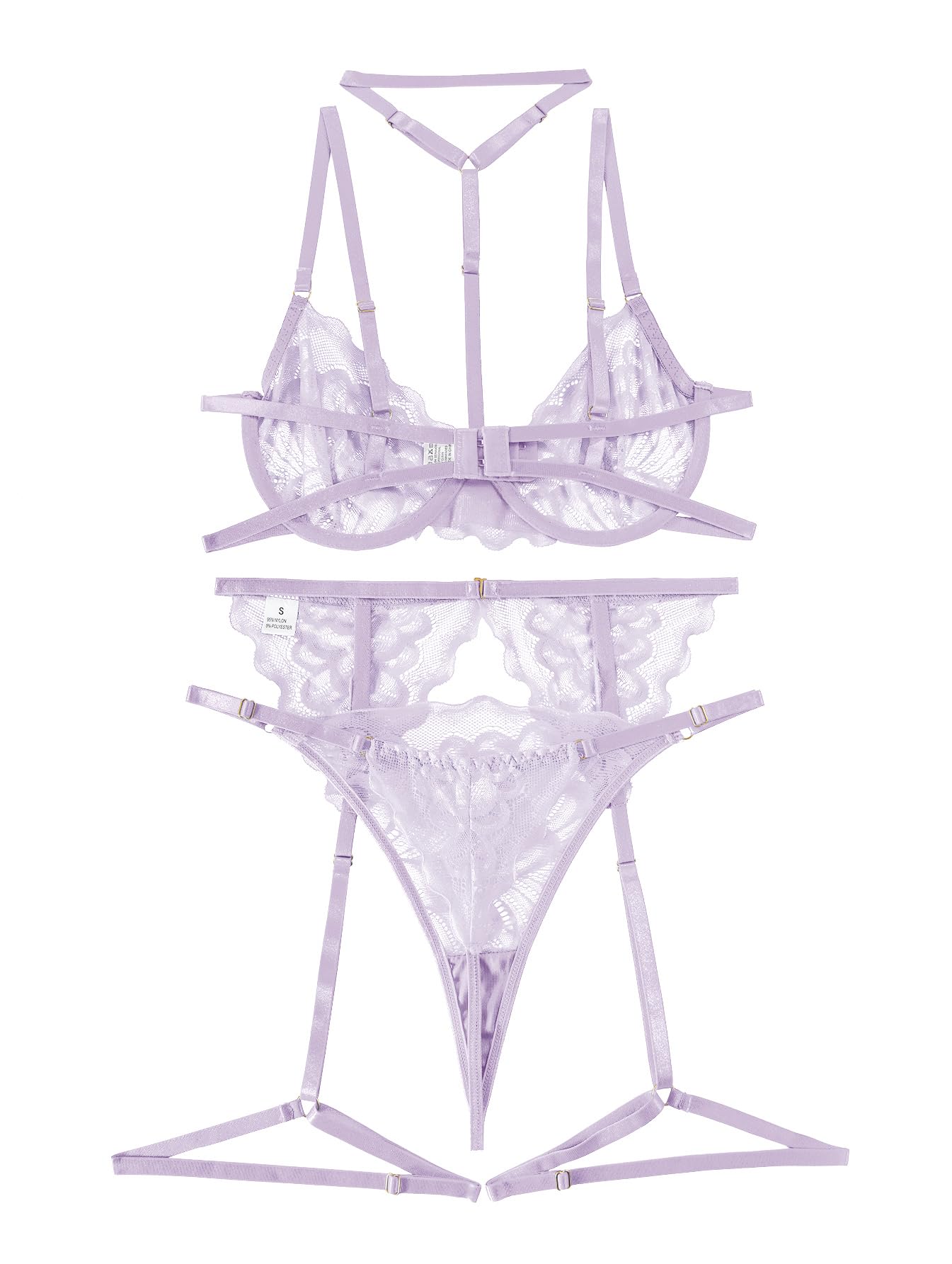 Lilosy Sexy Choker Floral Lace Underwire Push Up Garter Belt Lingerie Set for Women Sheer Bra and Panty 3 Piece: Medium Lavender Purple