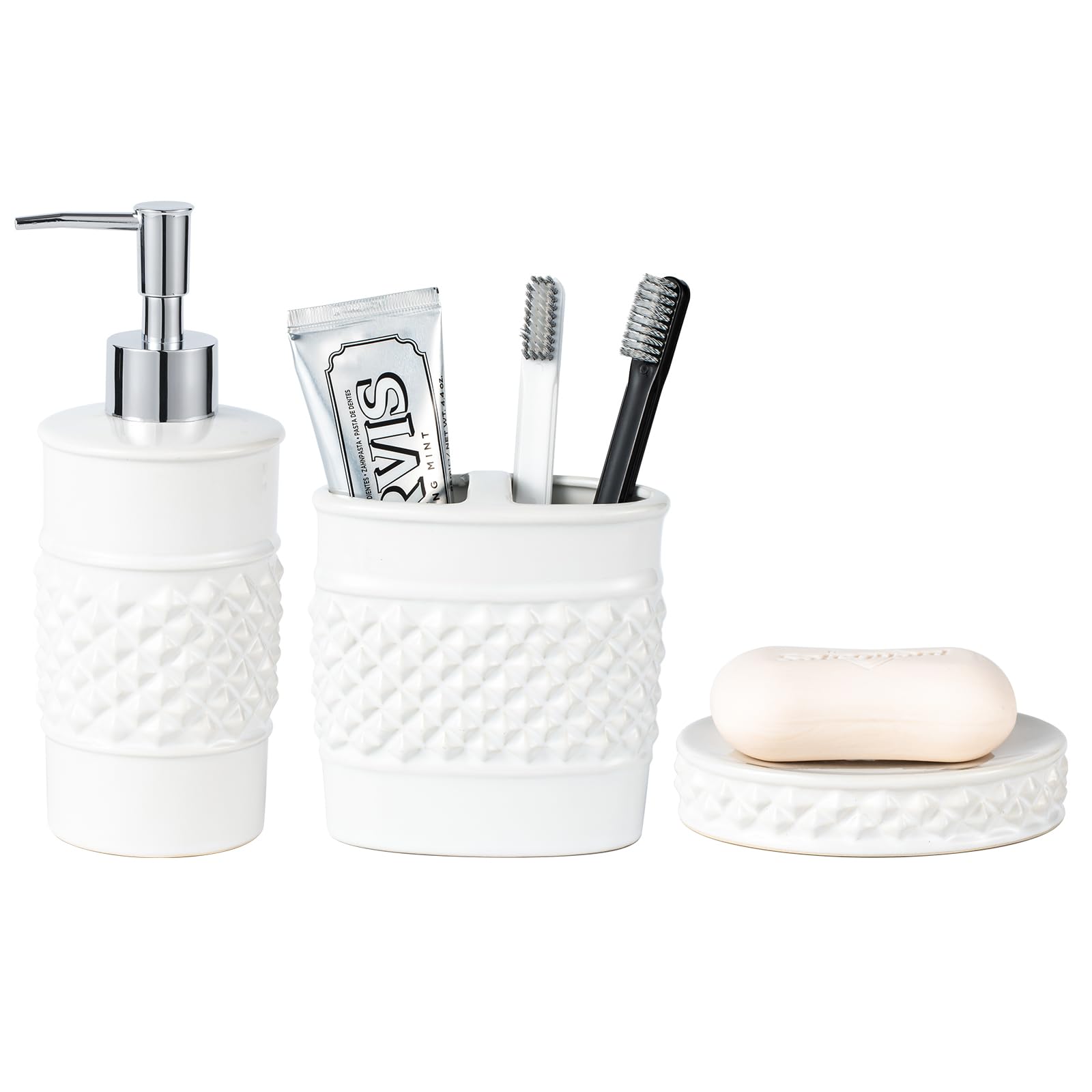 Bathroom Accessory Set, 3-Piece Ceramic Bath Accessories Set with Tray, Lotion Dispenser, and Tumbler thumbnail 9