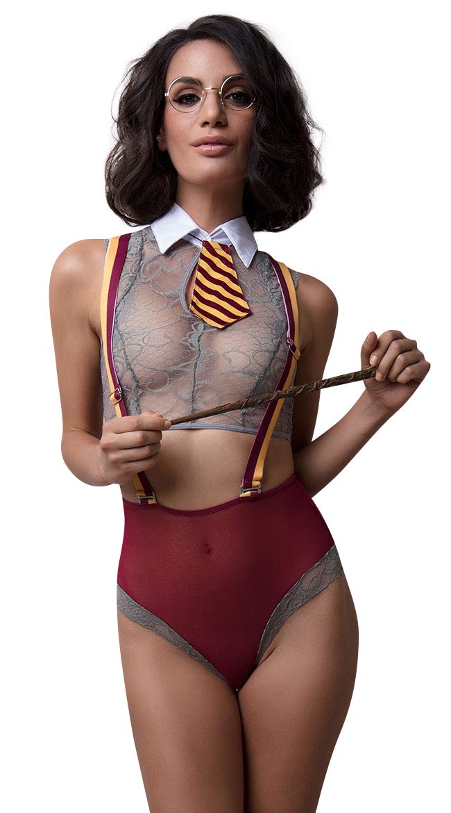 Yandy Burgundy Magical Schoolgirl Fantasy Sheer Bodysuit Women Lingerie Cosplay Costume: Small