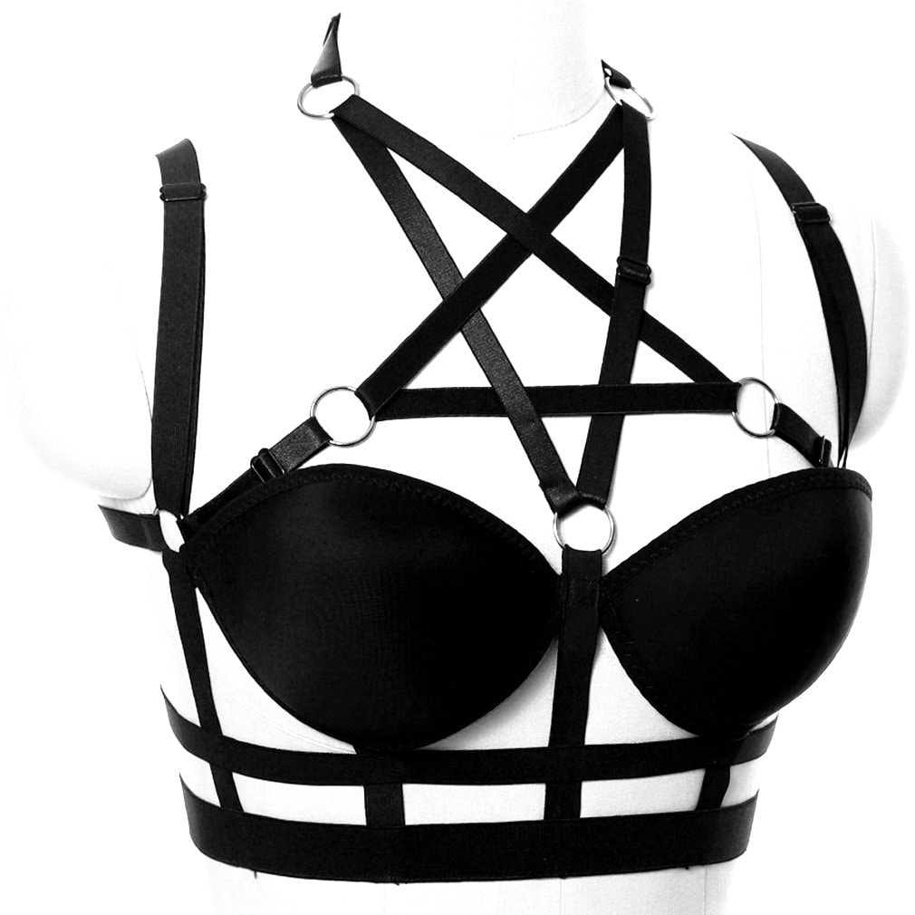 Woman's Body Harness Bra Lingerie cage Punk Goth Plus Size Festival Rave Pentagram Chest Strap Belt: Black