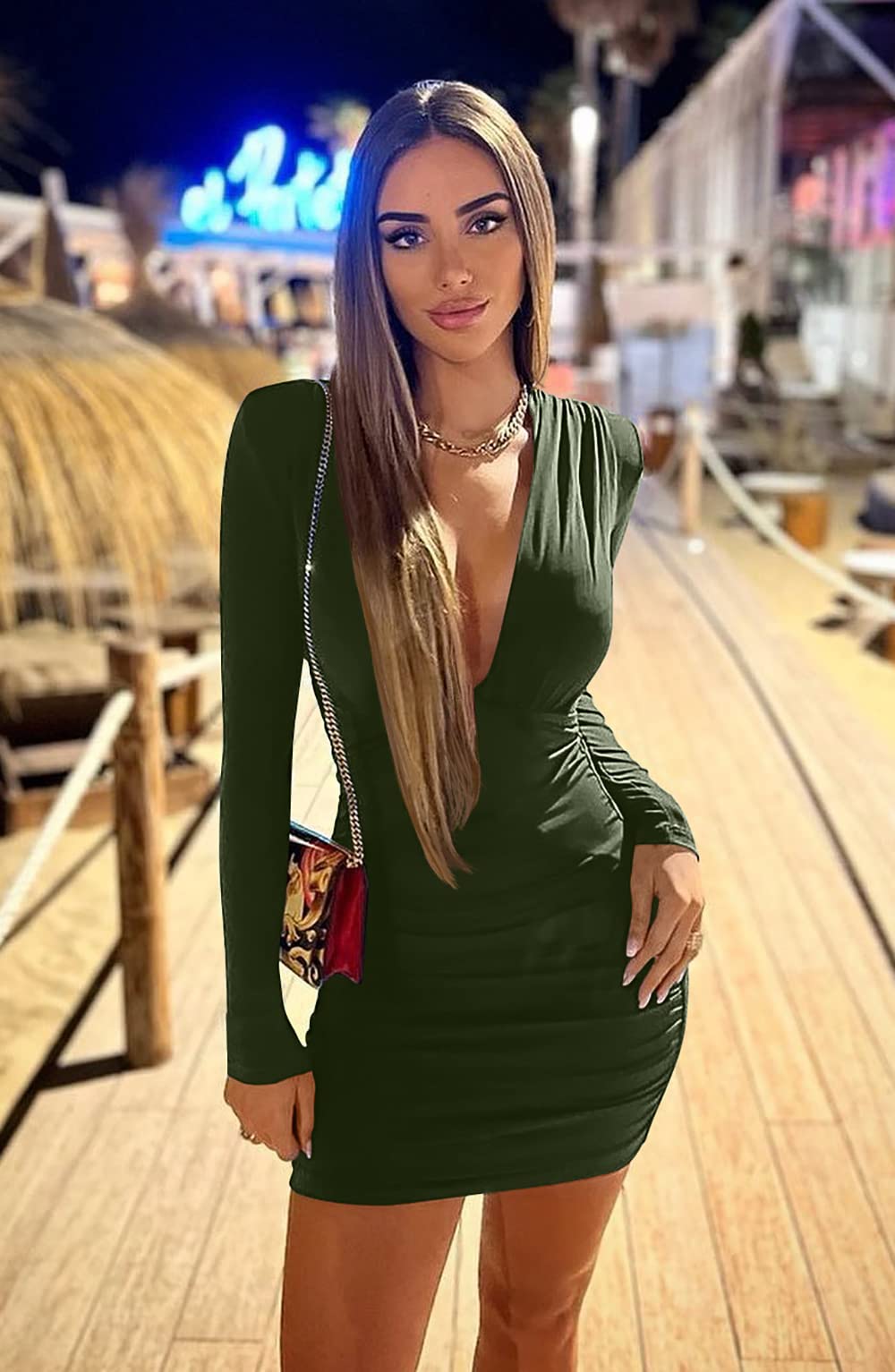 GOBLES Women's Sexy Long Sleeve V Neck Ruched Bodycon Mini Party Cocktail Dress: X-Large Light Olive