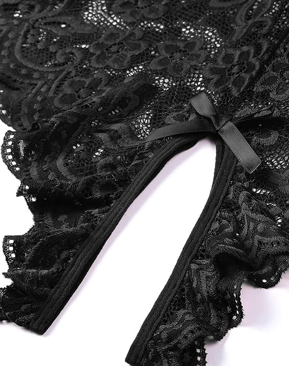 Women One Piece Lingerie Sexy Teddy V Neck Bodysuit Lace Nightie: 3X-Large Black