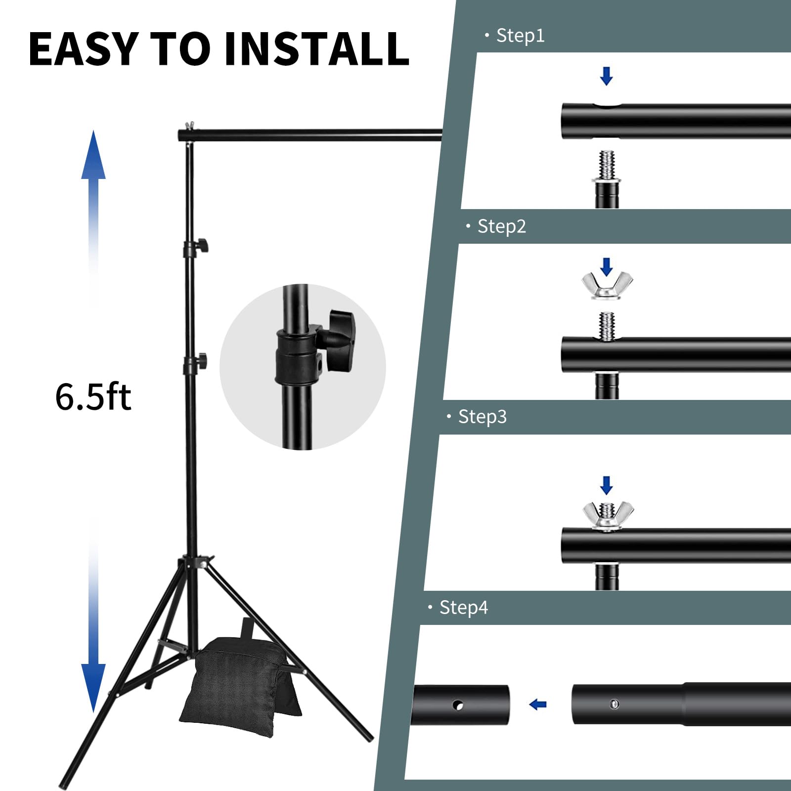 FOTOCREAT Backdrop Stand Kit 10x6.5ft Adjustable Photography Photo Studio Background Support System with Carry Bag and,4 Backdrop Clip for Photoshoot,Parties,Wedding,Birthday,Baby Photo Shoot: 6.5X6.5FT