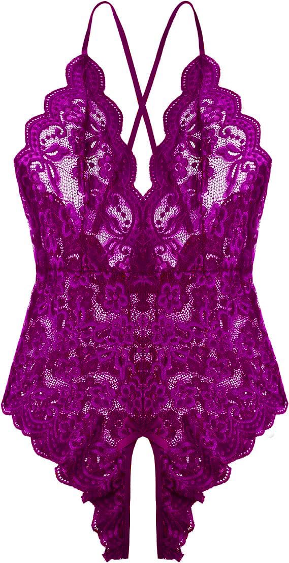 Women One Piece Lingerie Sexy Teddy V Neck Bodysuit Lace Nightie: XX-Large Purple