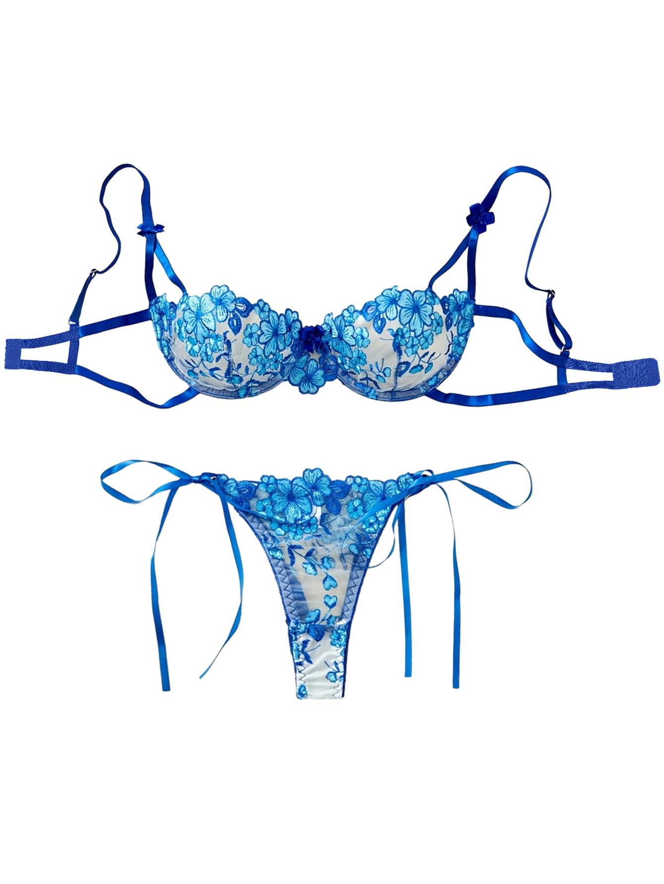 Lilosy Sexy Tie Side Cute Underwire Push Up Strappy Embroidered Mesh Sheer Lingerie Set: Bow 2X-Small Bow Floral Blue