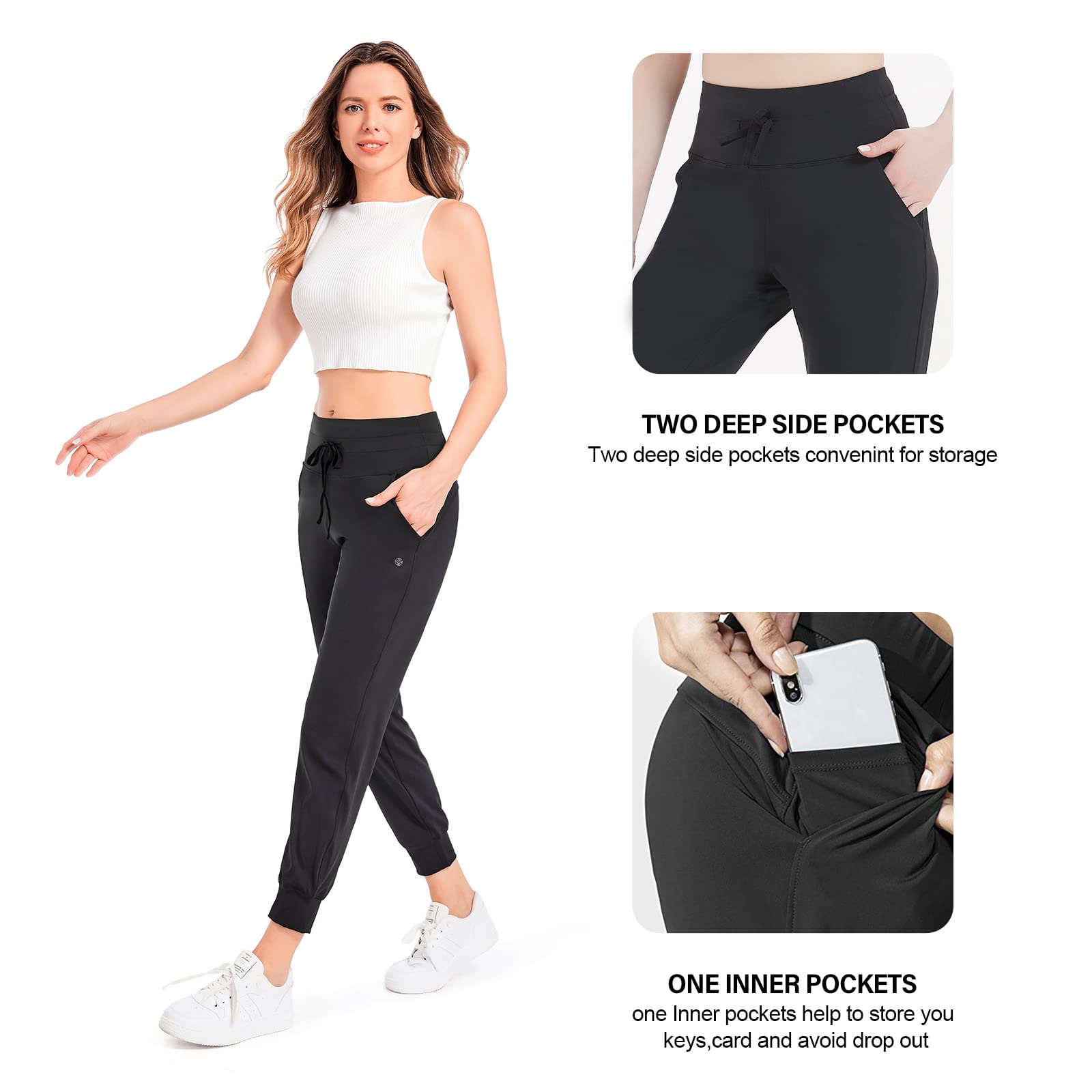 STRETCHUP Women's Joggers Pants Lightweight Running Sweatpants with Pockets Athletic Tapered Casual Pants for Workout,Lounge: Medium Black(drawstring )