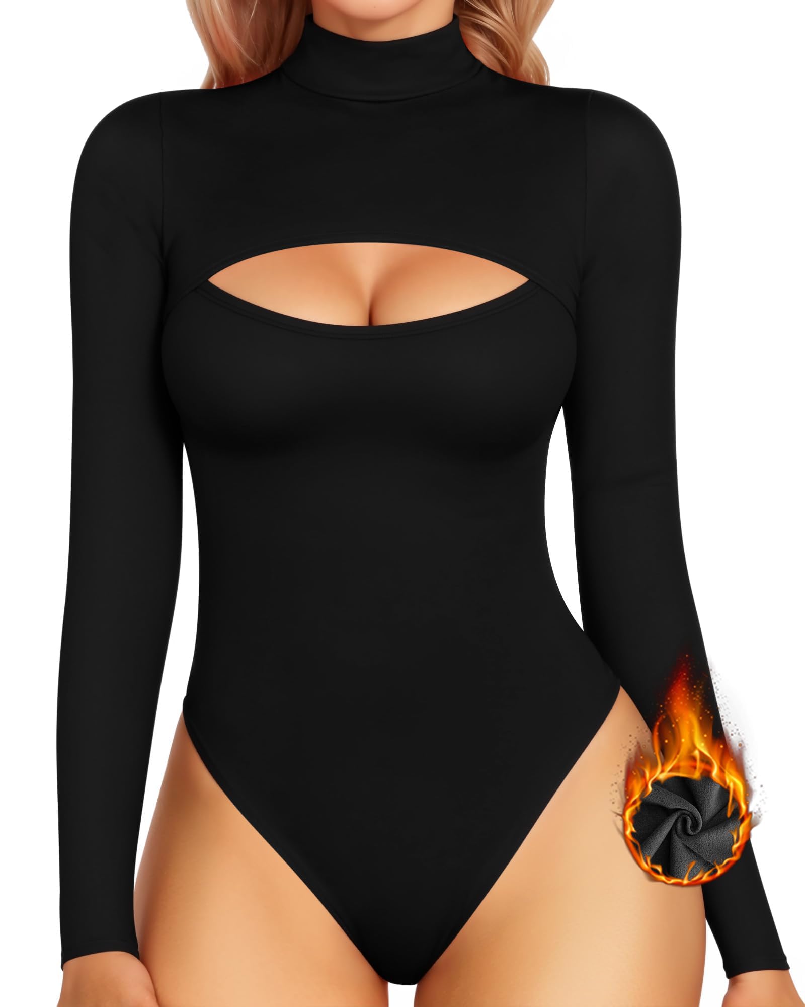 MANGOPOP Women's Mock Neck Cutout Front Bodysuit Long Sleeve Sleeveless Turtle Neck Body Suits Sexy Tops: Fleece Lined Large Black Fleece Lined