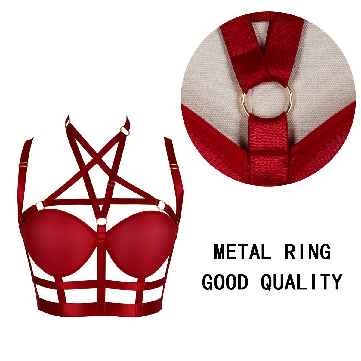 Woman's Body Harness Bra Lingerie cage Punk Goth Plus Size Festival Rave Pentagram Chest Strap Belt: Wine Red