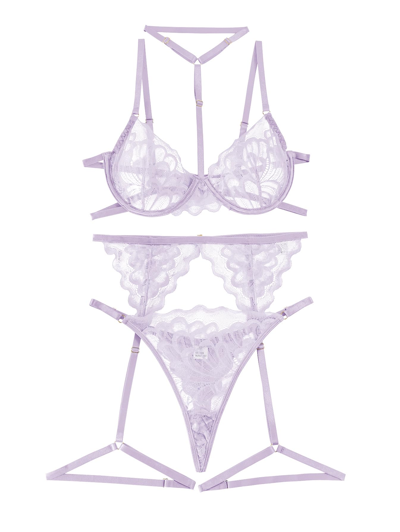 Lilosy Sexy Choker Floral Lace Underwire Push Up Garter Belt Lingerie Set for Women Sheer Bra and Panty 3 Piece: Medium Lavender Purple