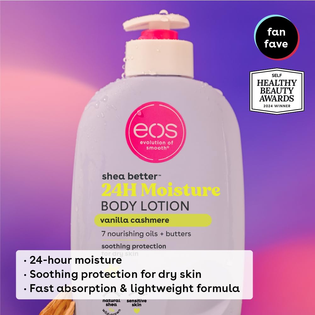 eos Shea Better Body Lotion Pomegranate Raspberry, 24-Hour Moisture Skin Care, Lightweight & Non-Greasy, Natural Shea, Vegan, 16 fl oz: Vanilla Cashmere + Fragrance Free 16 Fl Oz (Pack of 2)