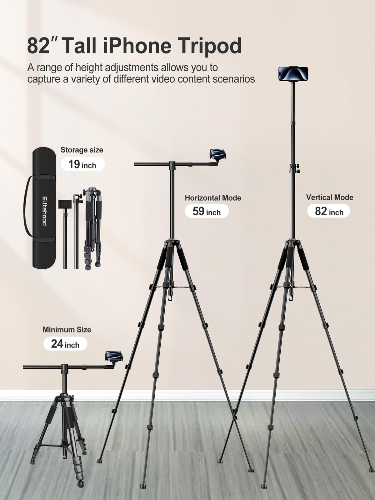 elitehood Phone Tripod for Overhead Video Recording – Updated Horizontal 59-inch Adjustable Tripod for iPhone with 25in Long Extendable Arm, 360° Rotation iPhone Stand Holder for Overhead Recording