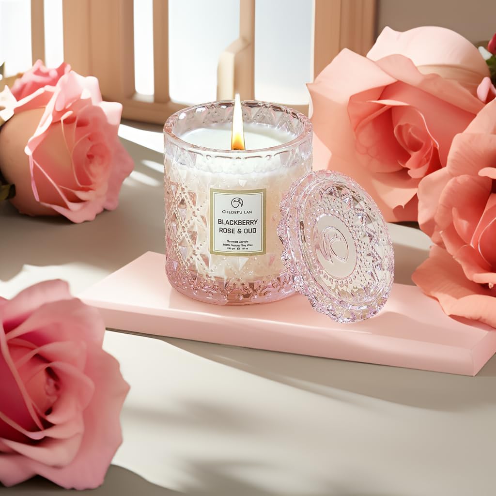 Chloefu LAN Rose Scented Candle, Oud Candles Gifts for Women, Pink Candles for Home Scented, 55 Hours Long Burning, Natural Soy Wax Candles, Valentine's Day Gifts thumbnail 3
