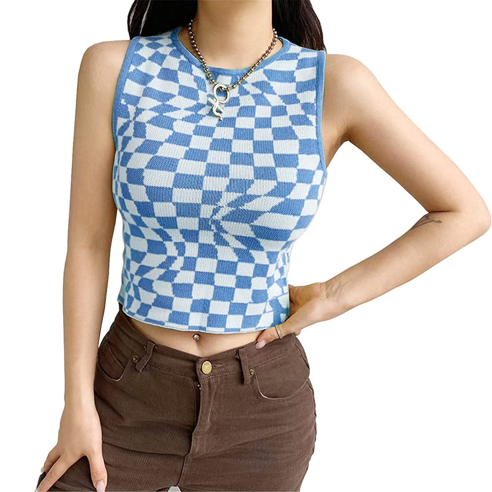 Women's Plaid Printed Sleeveless O Neck Camisole Harajuku Vintage Knitted Cropped Tank Top: Women's Plaid Printed Sleeveless O Neck Camisole Harajuku Vintage Knitted Cropped Tank Top