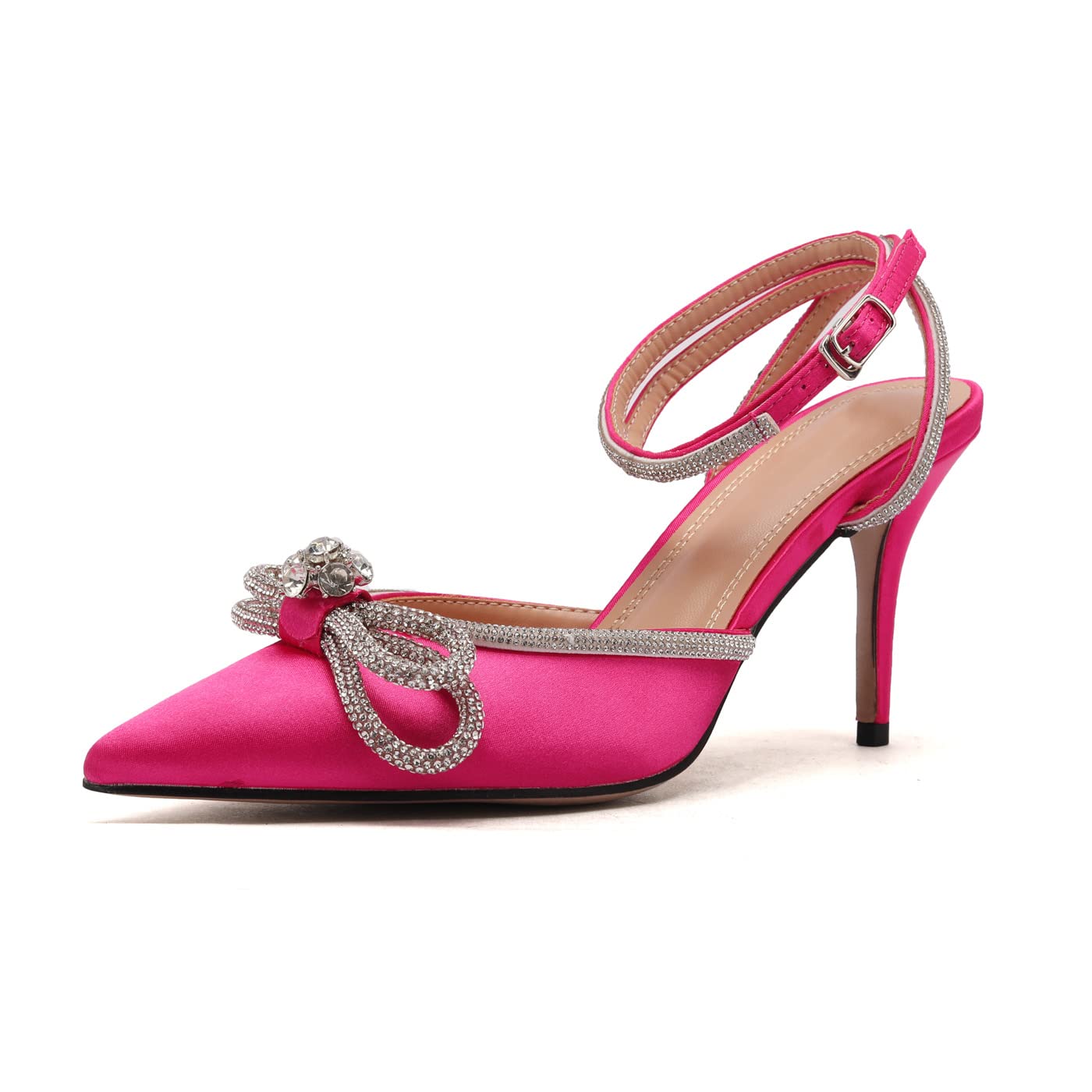 Arqa Rhinestone Bow Heels for Women Pointed Toe Crystal Ankle Strap Slingback Pumps Satin Stiletto High Heel Sandals Wedding Bridal Shoes thumbnail 1