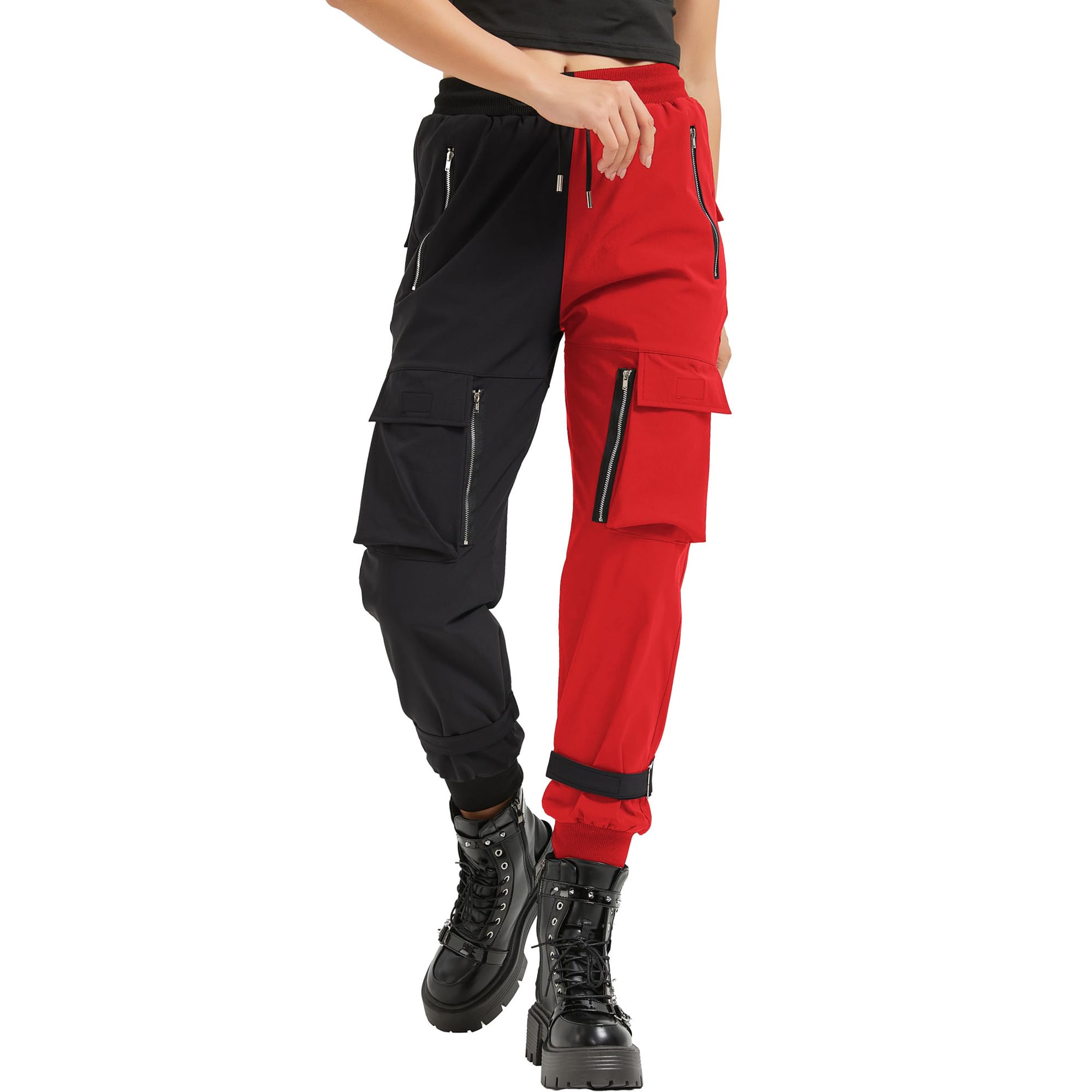 MEINVQIAOTI Black Cargo Pants Women Loose Chained Pants Multi-Pocket Multi-Zip Punk Goth Pants
