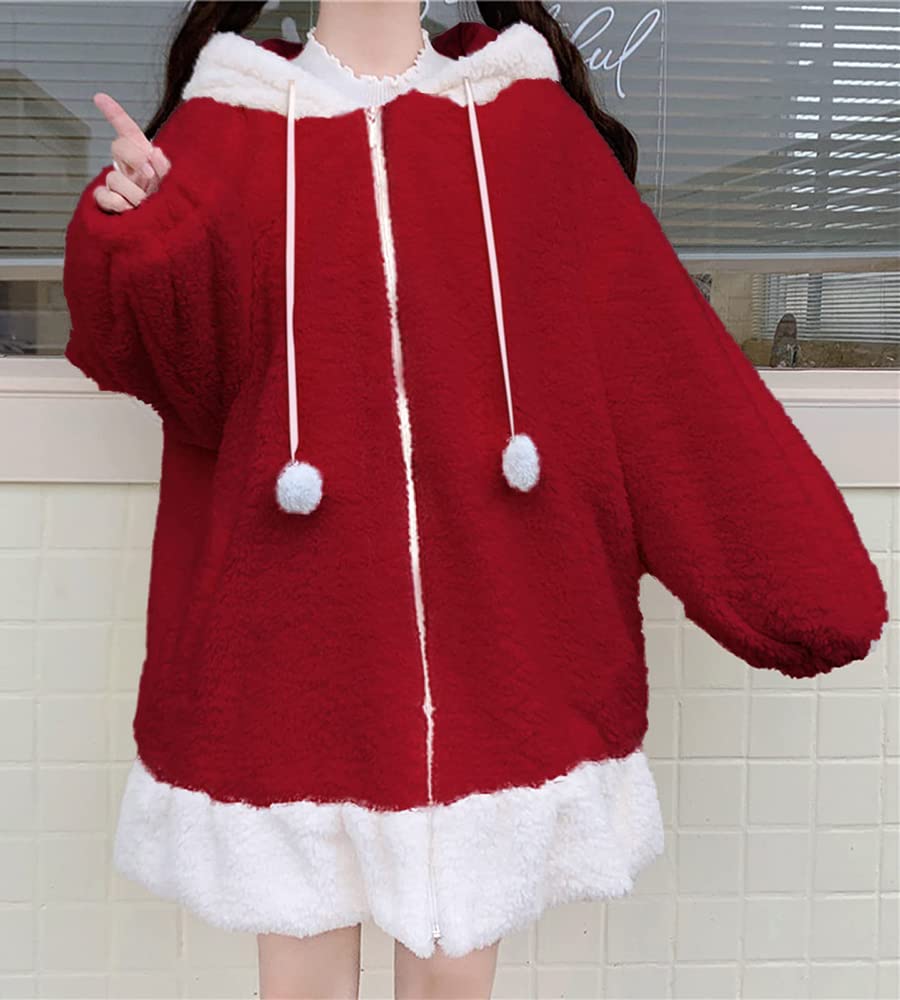 BZB Kawaii Anime Bunny Ear Hoodies For Women Sweet Lovely Fuzzy Fluffy Rabbit Sweater Tops Cosplay Jacket Coats