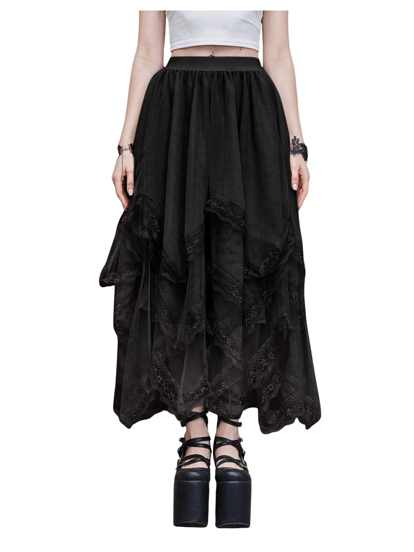 SHENHE Women's Lace Trim Layered Mesh Tulle Skirt High Waist Asymmetrical Long Goth Skirt