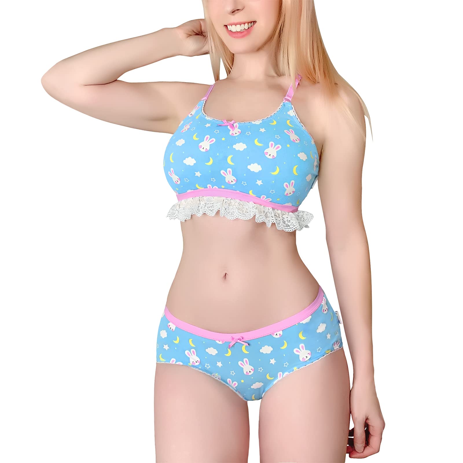 Littleforbig Lacy Trim Women Nightwear Strap Sleepwear Cami Top Shorts Lingerie bralette loungewear Set - Snuggle Bunny: Large Blue