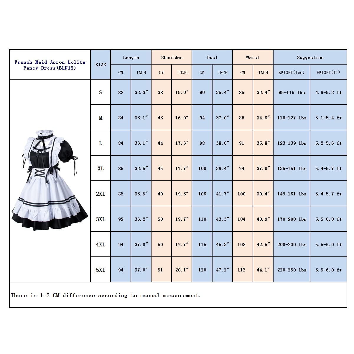 Wannsee Anime French Maid Apron Lolita Fancy Dress Cosplay Costume Furry Cat Ear Gloves Socks set(2XL): Small Black-white